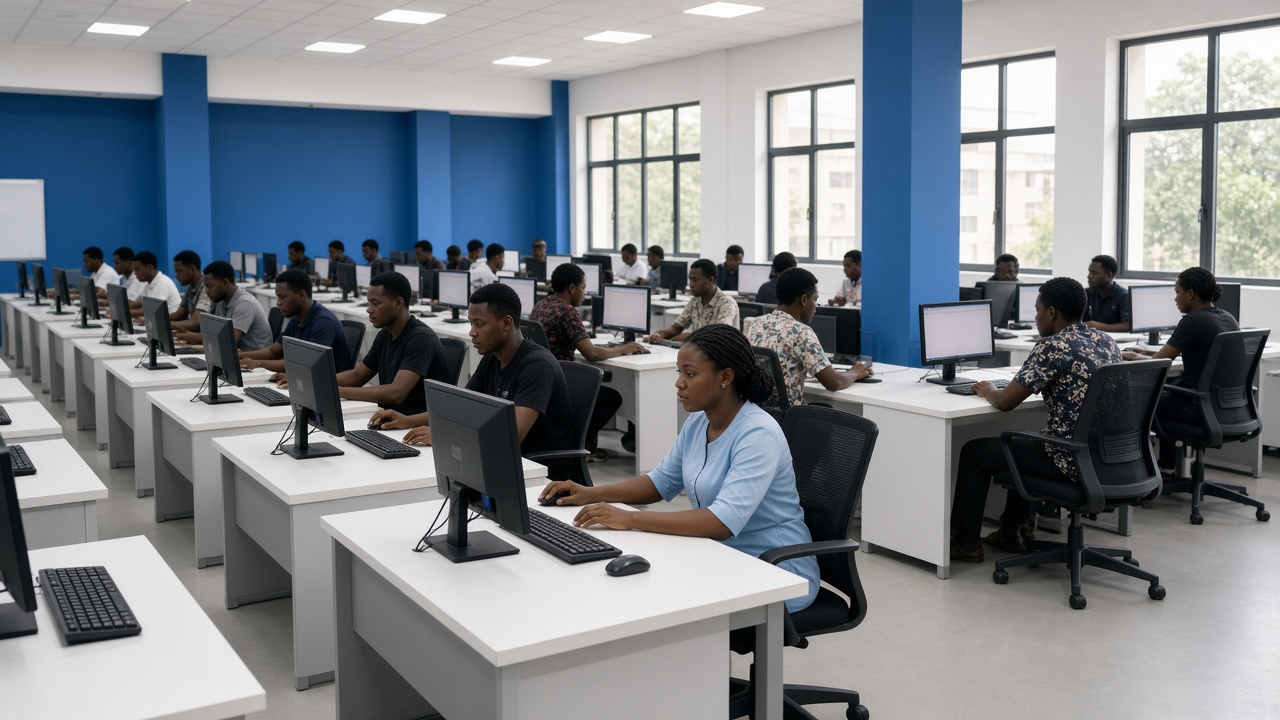 Candidates sitting a computer-based examination in a testing hall